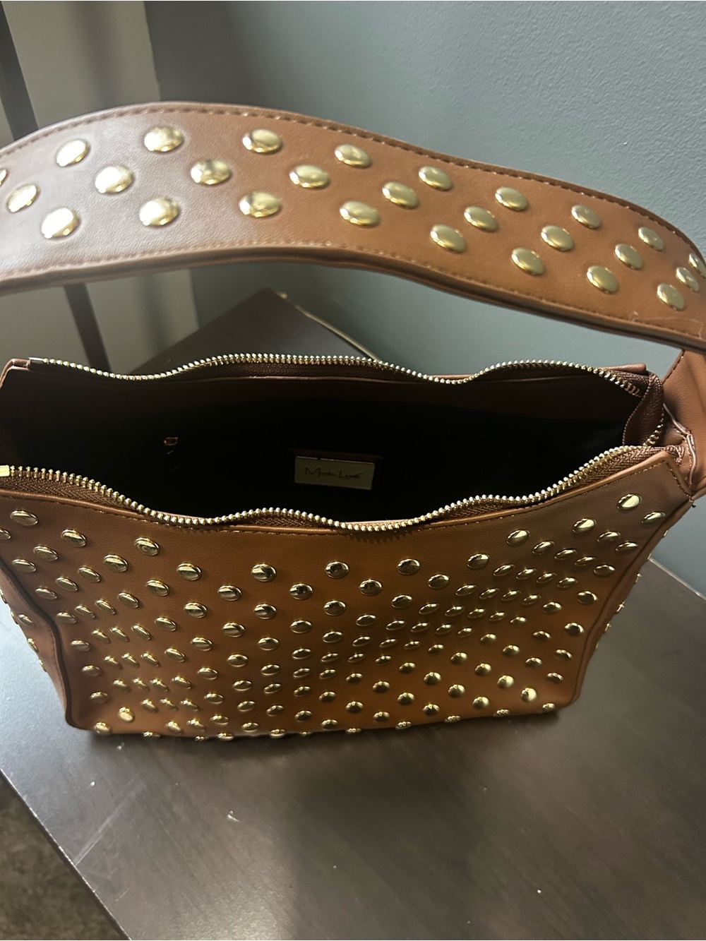 Modern Lux Brown Shoulder Bag with Gold Studs